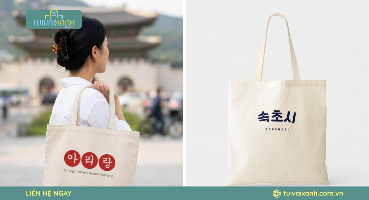 Túi vải canvas Hàn Quốc in logo thương hiệu tạo điểm nhấn nổi bật trong các sự kiện quảng bá.