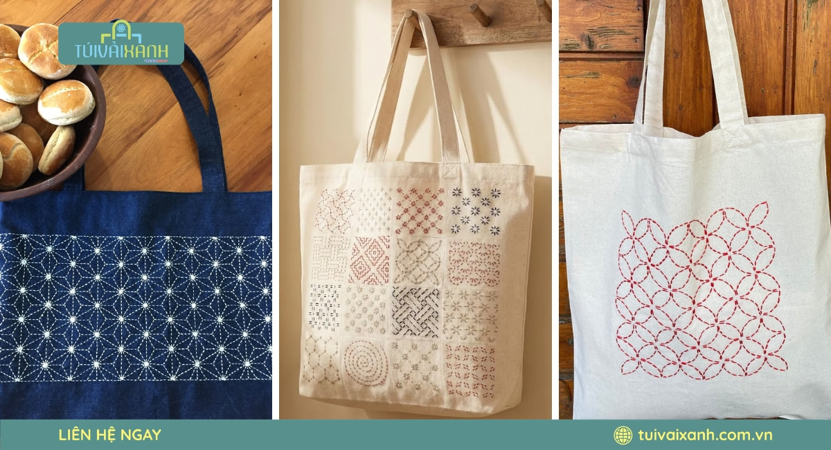 Mẫu túi vải canvas nhật bản thêu Sashiko
