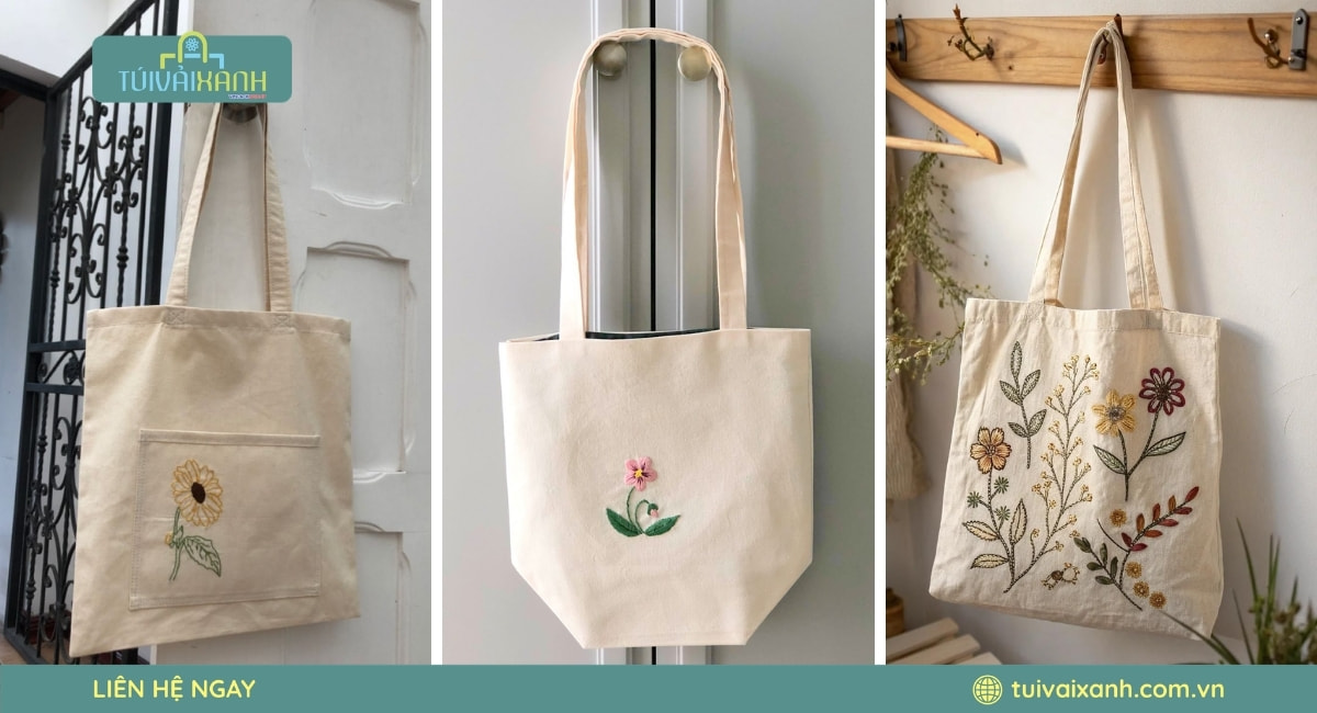 Mẫu túi vải bố canvas thêu hoa nhỏ xinh xắn