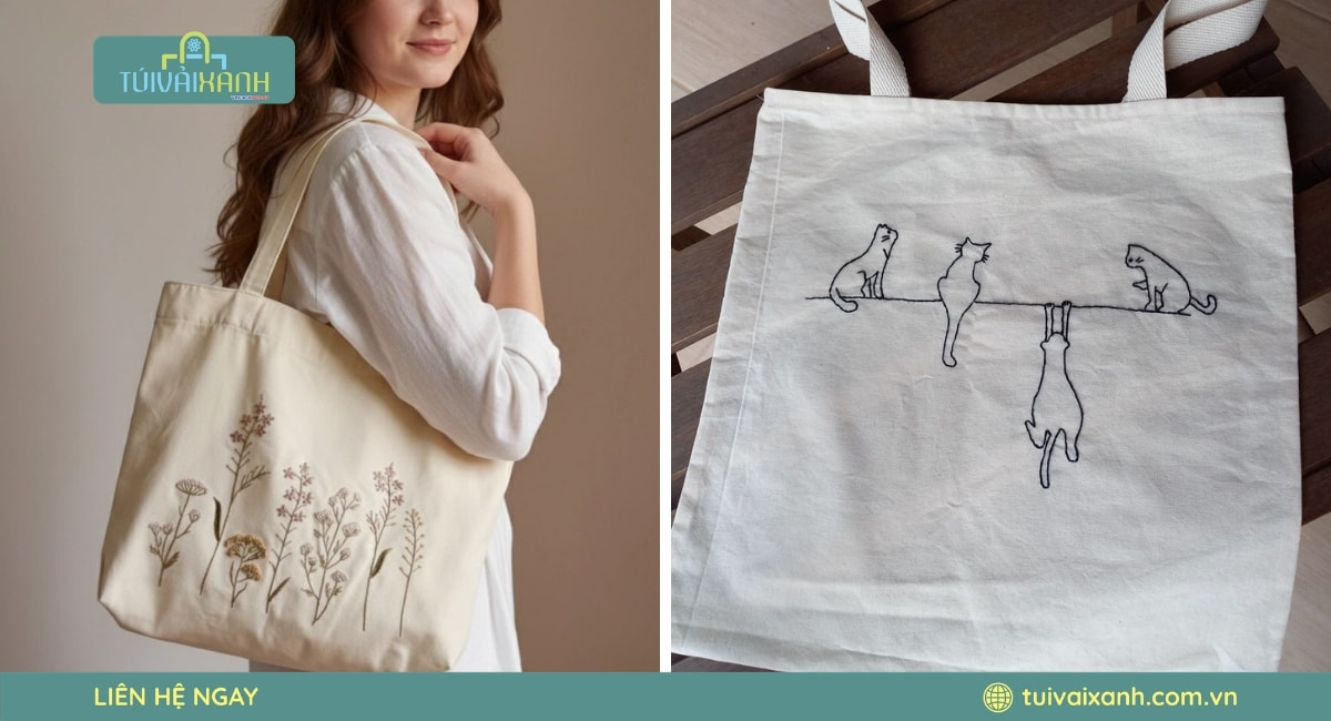 Túi vải canvas thêu tinh tế phong cách thời trang hiện đại