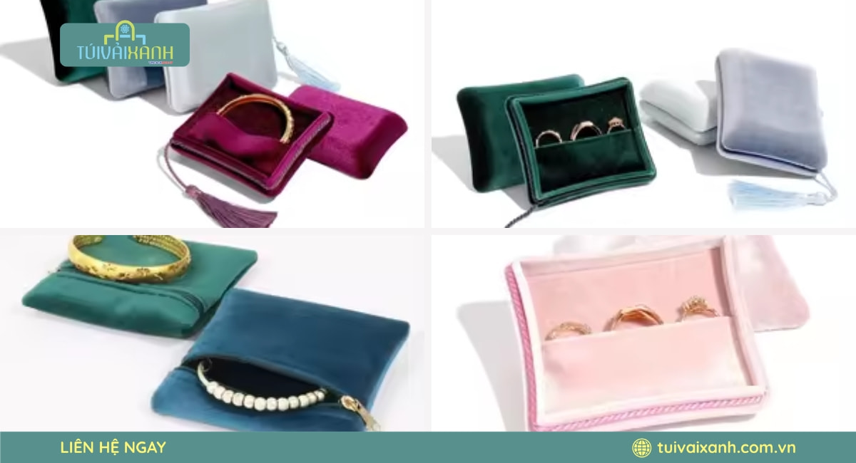 Túi vải nhung đựng trang sức với chất liệu mềm mại giúp tăng giá trị thẩm mỹ cho sản phẩm.