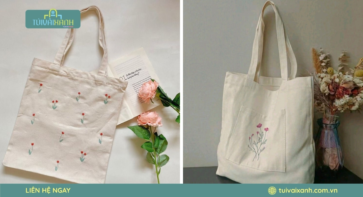 Mẫu túi vải canvas thêu cao cấp thích hợp làm quà tặng doanh nghiệp và sản phẩm bán lẻ thời trang.