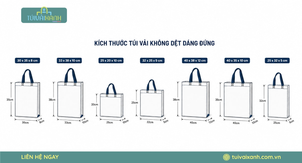 Kích Thước Túi Vải Không Dệt Tiêu Chuẩn Cho Doanh Nghiệp 11 Bảng thông số kích thước túi vải không dệt dáng đứng tiêu chuẩn