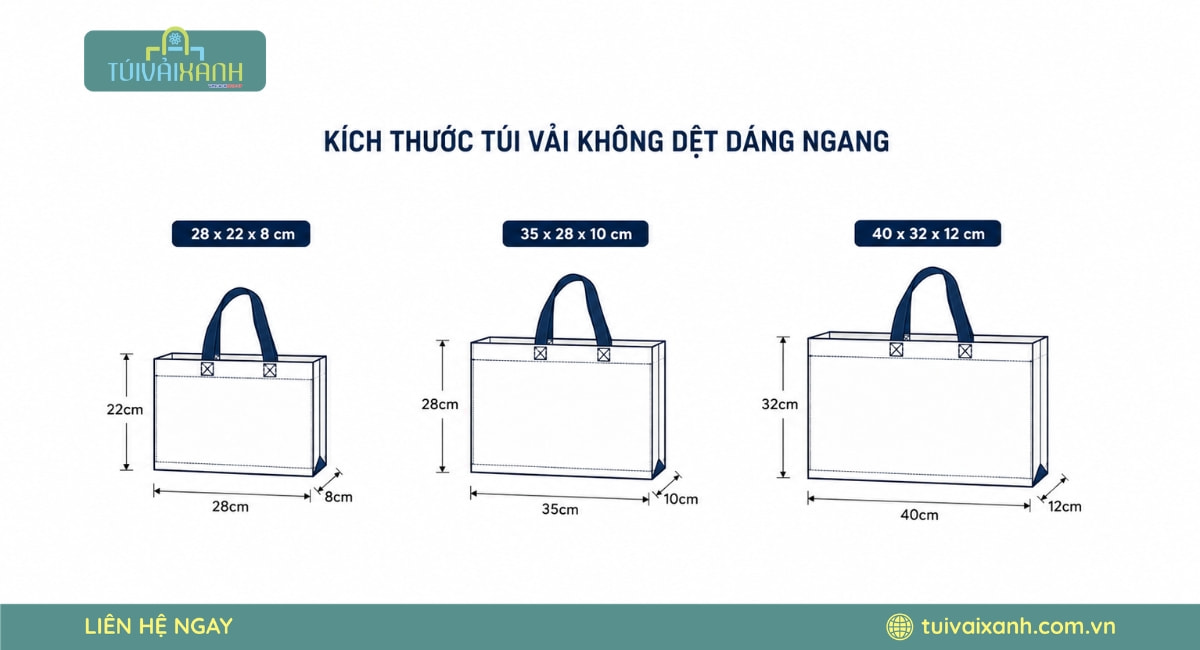 Kích Thước Túi Vải Không Dệt Tiêu Chuẩn Cho Doanh Nghiệp 12 Bảng thông số kích thước túi vải không dệt dáng ngang tiêu chuẩn