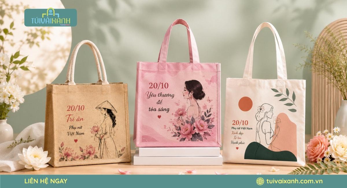 In Túi Vải Quà Tặng 20/10 Miễn Phí Thiết Kế, Cam Kết Tiến Độ 25 Dịch vụ in túi vải quà tặng tri ân phụ nữ Việt Nam thiết kế riêng