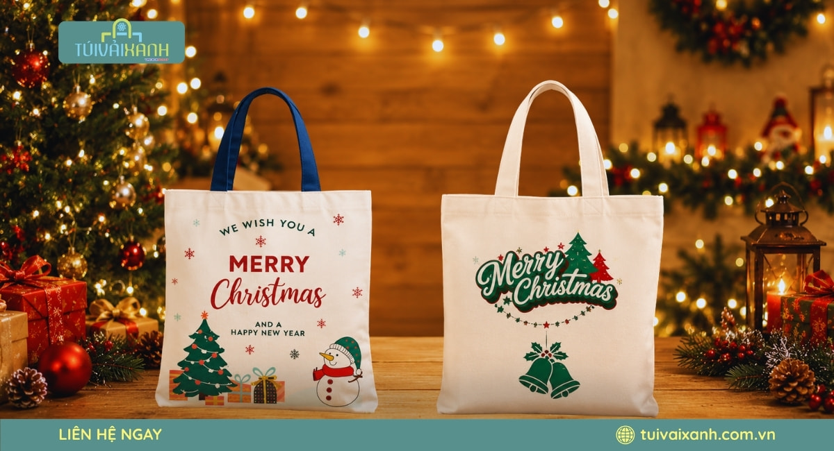 Xưởng May Túi Vải Đựng Quà Noel In Ấn Sắc Nét, Giá Xưởng 54 Mẫu túi vải Giáng Sinh in chữ Merry Christmas nổi bật cho mùa lễ hội cuối năm