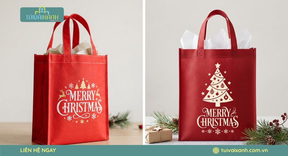 Xưởng May Túi Vải Đựng Quà Noel In Ấn Sắc Nét, Giá Xưởng 38 Túi vải không dệt đựng quà Giáng Sinh màu đỏ mang đậm không khí Noel