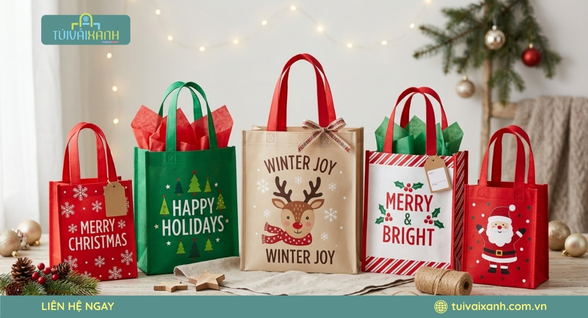 Xưởng May Túi Vải Đựng Quà Noel In Ấn Sắc Nét, Giá Xưởng 61 Mẫu túi vải không dệt quà tặng Noel đa dạng kích thước sản xuất tại Túi Vải Xanh