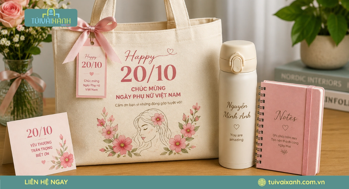 In Túi Vải Quà Tặng 20/10 Miễn Phí Thiết Kế, Cam Kết Tiến Độ 23 Set túi vải canvas quà tặng ý nghĩa cho nhân viên nữ và đối tác