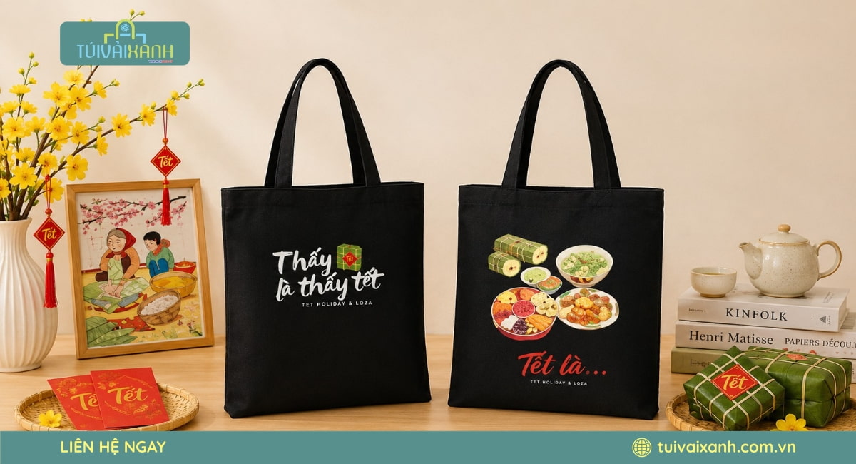 50+ Mẫu túi vải đựng quà Tết tinh tế đong đầy vị Xuân 41 Túi vải đựng quà Tết canvas màu đen in họa tiết Tết nổi bật
