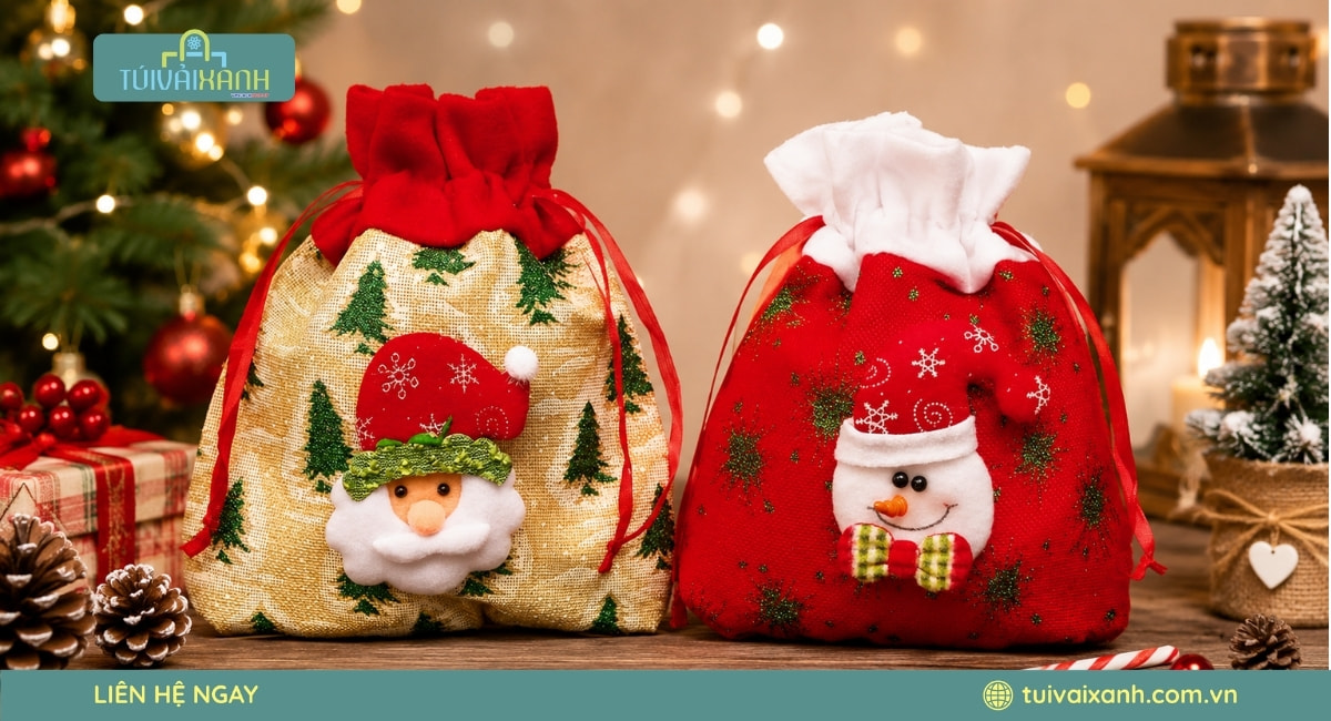 Xưởng May Túi Vải Đựng Quà Noel In Ấn Sắc Nét, Giá Xưởng 53 Túi dây rút nhung đỏ Noel cao cấp phù hợp đựng quà tặng và quà lưu niệm