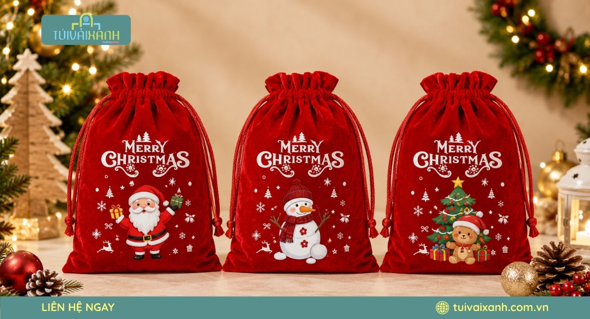 Xưởng May Túi Vải Đựng Quà Noel In Ấn Sắc Nét, Giá Xưởng 52 Túi nhung quà tặng Giáng Sinh cao cấp với thiết kế sang trọng và tinh tế