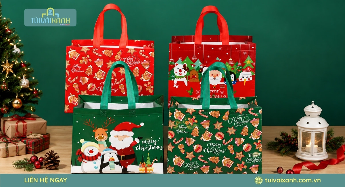 Xưởng May Túi Vải Đựng Quà Noel In Ấn Sắc Nét, Giá Xưởng 50 Túi PP dệt cán màng quà tặng Giáng Sinh bền đẹp và nổi bật với hình in sắc nét