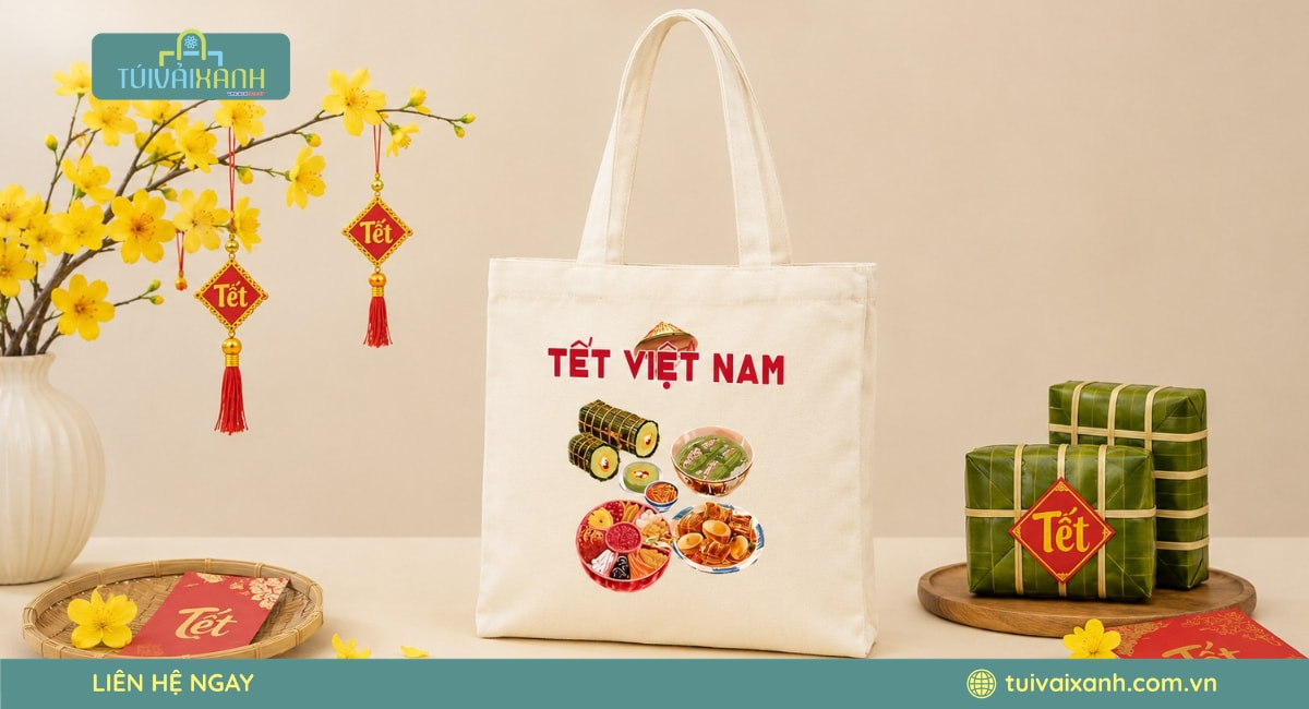 50+ Mẫu túi vải đựng quà Tết tinh tế đong đầy vị Xuân 53 Túi vải đựng quà Tết canvas với họa tiết đậm bản sắc Việt