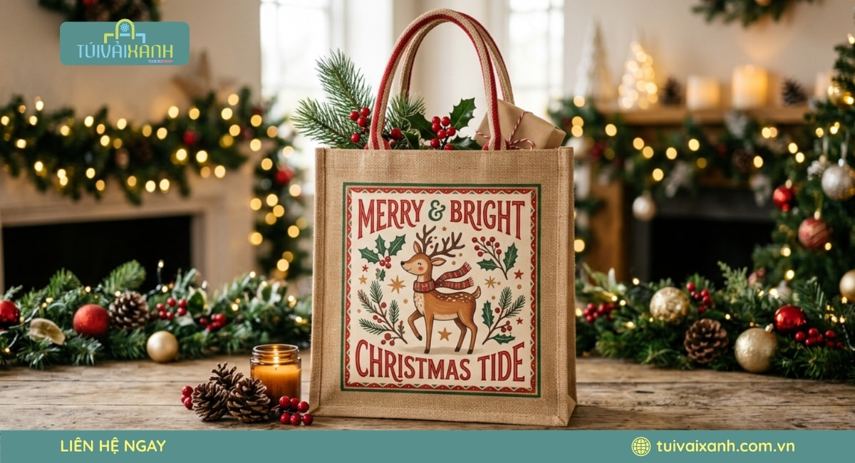 Xưởng May Túi Vải Đựng Quà Noel In Ấn Sắc Nét, Giá Xưởng 40 Túi vải đay quà tặng Giáng Sinh in hình tuần lộc độc đáo và bắt mắt