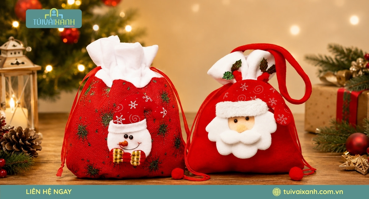 Xưởng May Túi Vải Đựng Quà Noel In Ấn Sắc Nét, Giá Xưởng 37 Túi vải dây rút quà tặng Giáng Sinh với họa tiết dễ thương dành cho mùa Noel