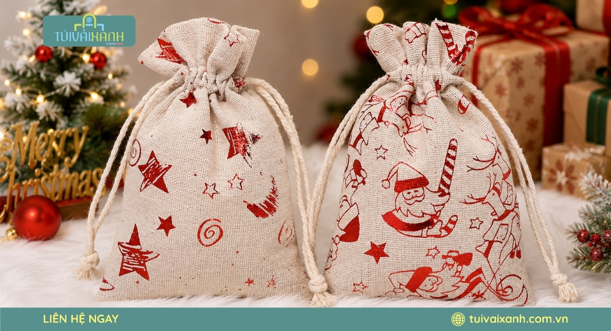 Xưởng May Túi Vải Đựng Quà Noel In Ấn Sắc Nét, Giá Xưởng 45 Túi vải dây rút quà tặng Giáng Sinh với họa tiết dễ thương dành cho mùa Noel