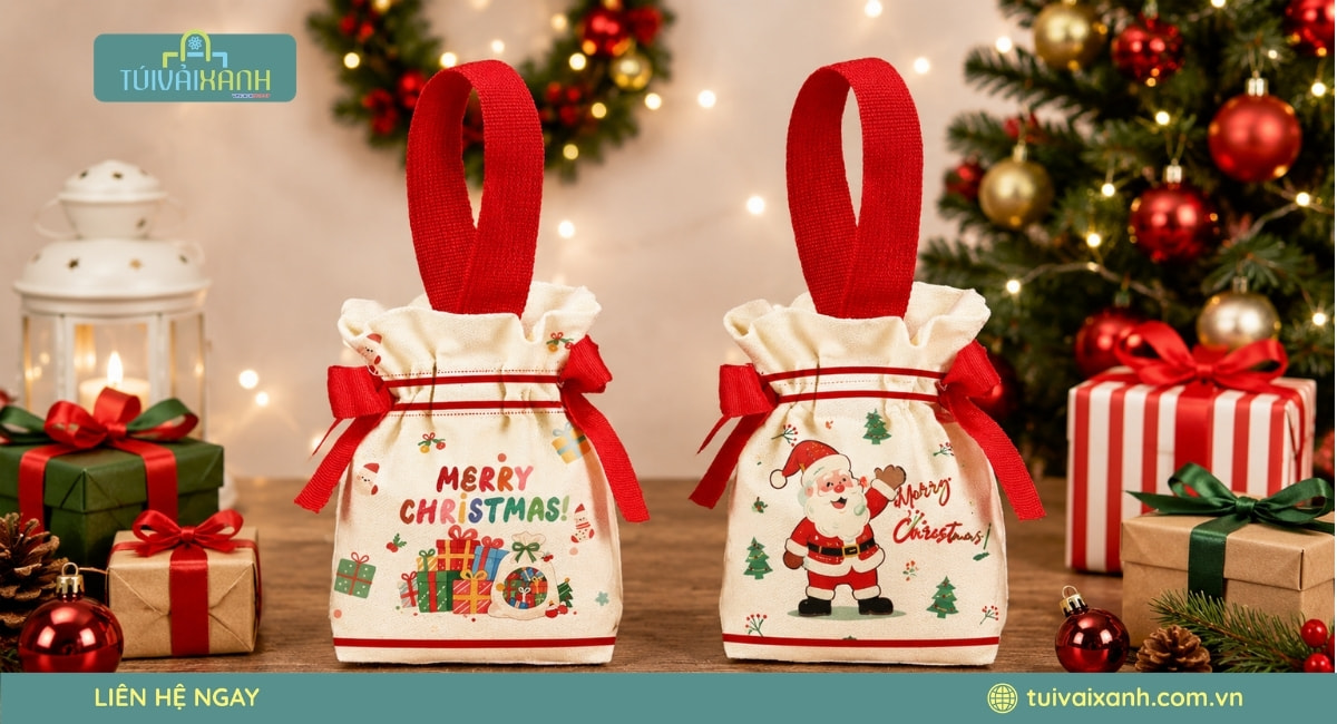 Xưởng May Túi Vải Đựng Quà Noel In Ấn Sắc Nét, Giá Xưởng 44 Túi vải đựng quà Noel dạng hộp có quai xách giúp bộ quà thêm sang trọng