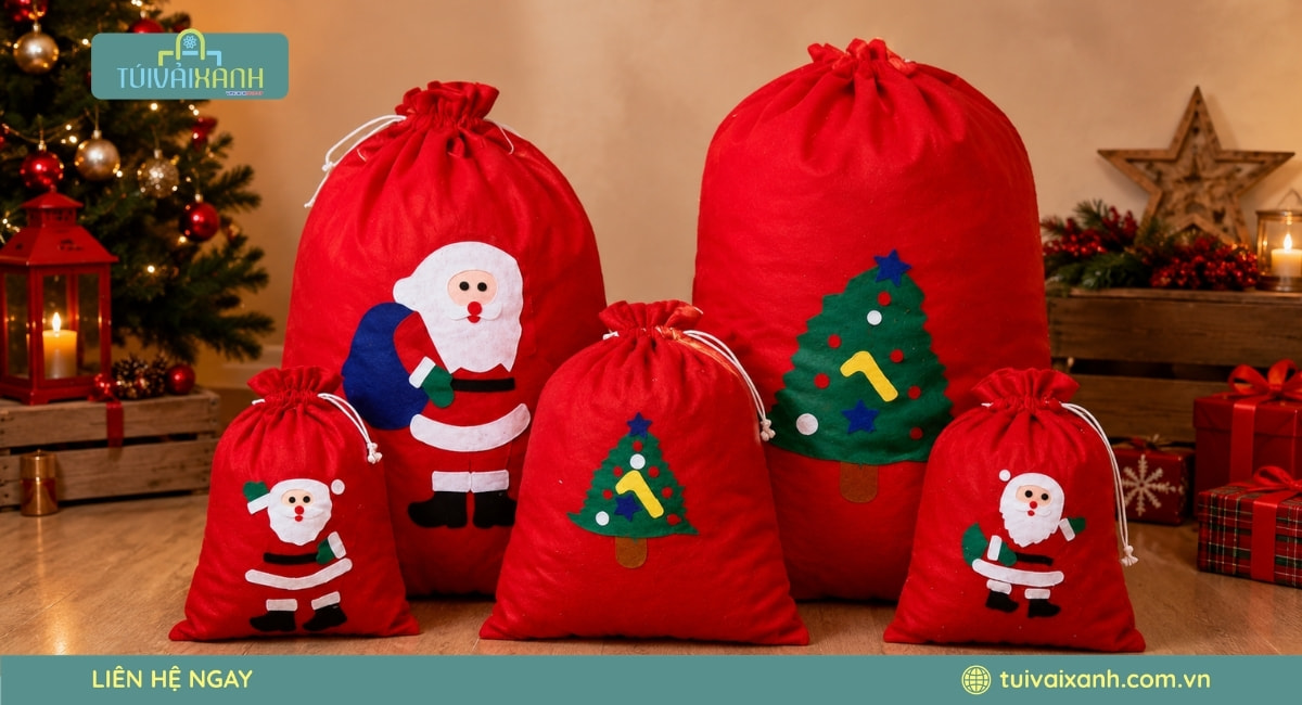Xưởng May Túi Vải Đựng Quà Noel In Ấn Sắc Nét, Giá Xưởng 57 Túi vải đựng quà ông già Noel dây rút với nhiều kích thước lựa chọn