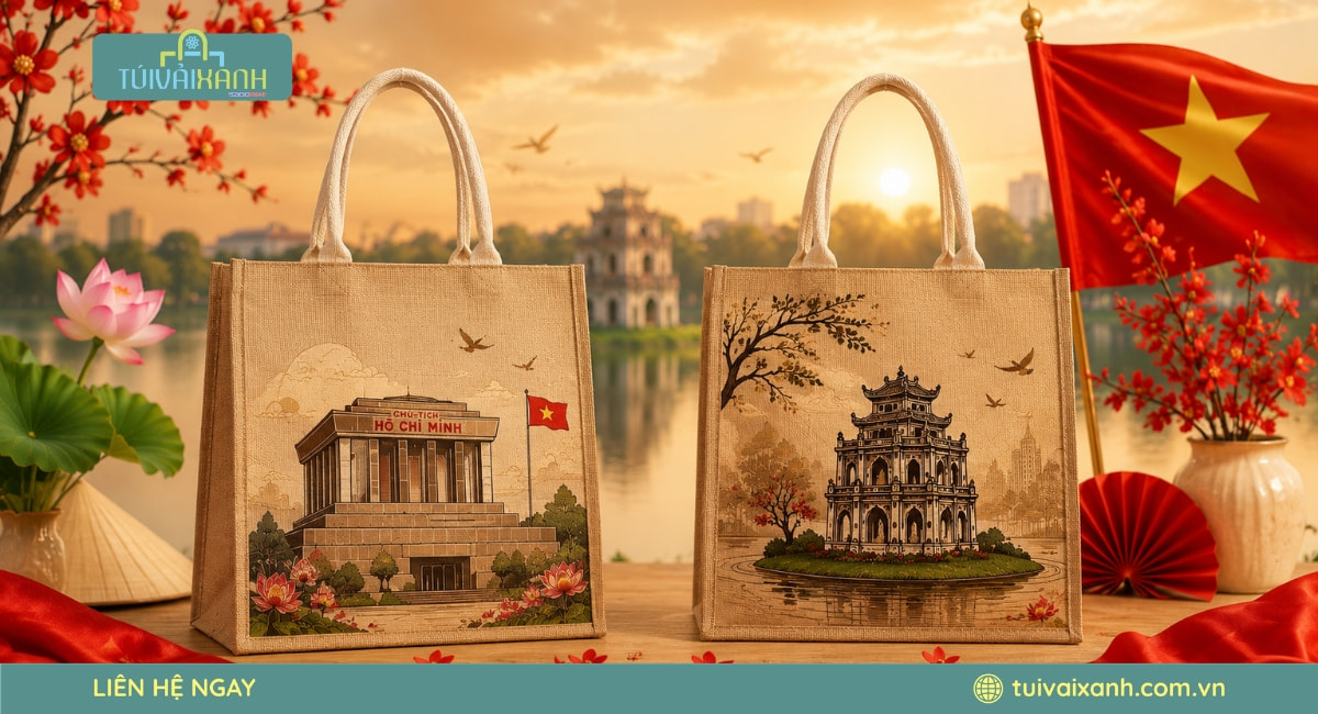 Túi Vải Lễ Quốc Khánh 2/9 Đẹp Cho Sự Kiện, Quà Tặng Doanh Nghiệp 18 Gói trọn hồn thiêng sông núi qua hình ảnh Lăng Bác và Tháp Rùa tôn kính