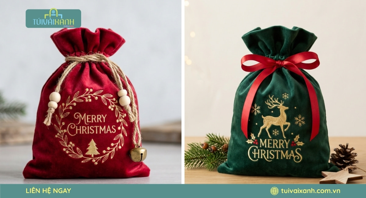 Xưởng May Túi Vải Đựng Quà Noel In Ấn Sắc Nét, Giá Xưởng 36 Túi vải nhung dây rút đựng quà tặng Giáng Sinh cao cấp và sang trọng