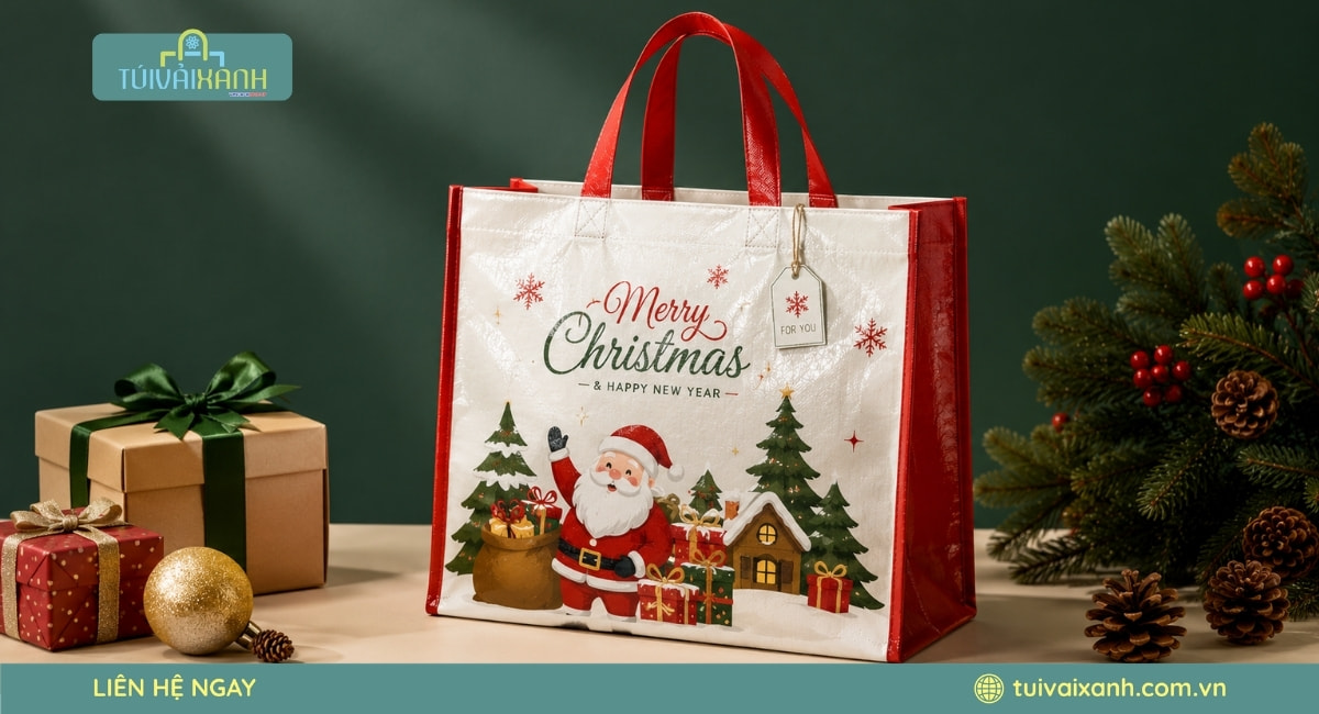 Xưởng May Túi Vải Đựng Quà Noel In Ấn Sắc Nét, Giá Xưởng 41 Túi PP dệt cán màng in hình Giáng Sinh đẹp mắt cho các chương trình quảng bá thương hiệu