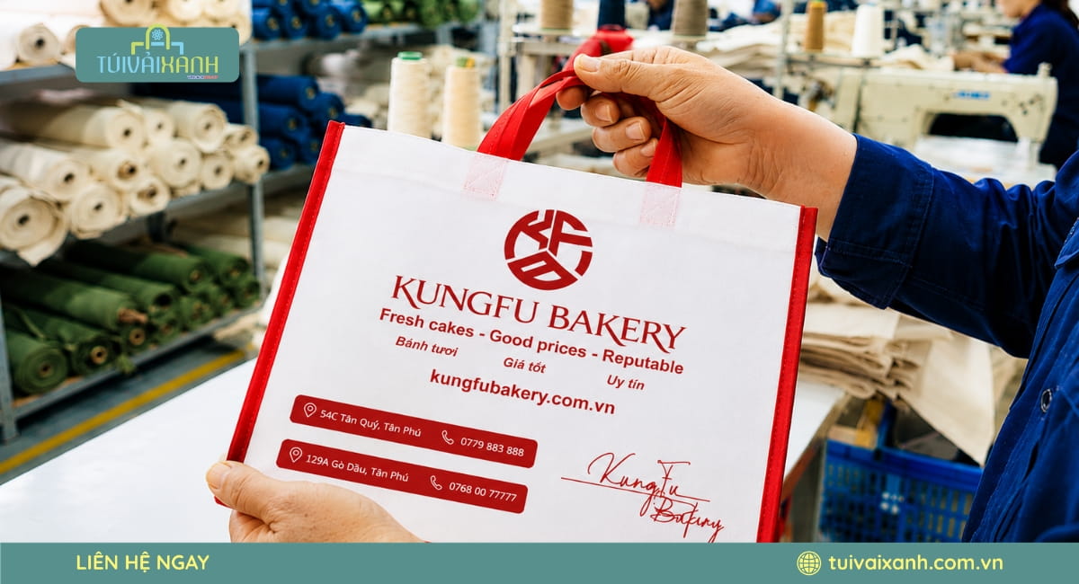 Túi Vải Xanh thực hiện kiểm định chất lượng từng lô túi vải không dệt trước khi bàn giao cho chuỗi cửa hàng KUNGFU BAKERY.