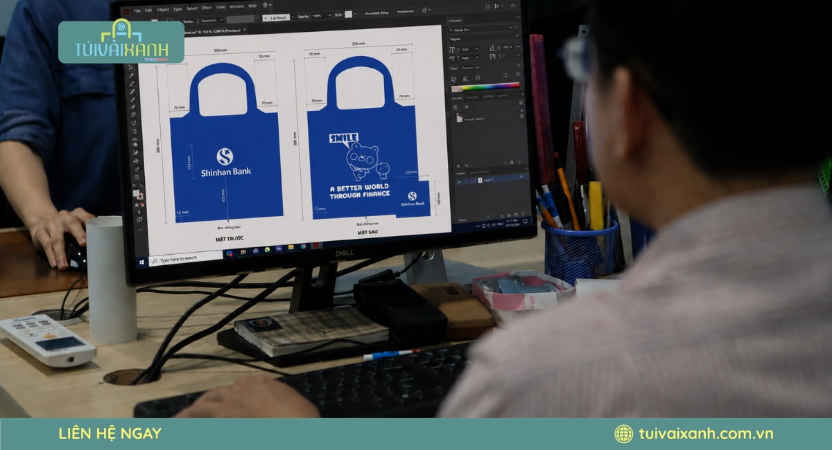 Đội ngũ Túi Vải Xanh tư vấn chất liệu vải dù 420D cùng thiết kế in ấn phù hợp với bộ nhận diện thương hiệu Shinhan Bank.