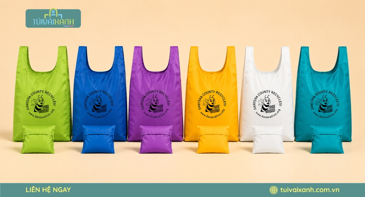 Túi T-shirt vải dù kháng nước được thiết kế theo yêu cầu, đáp ứng đa dạng kích thước, màu sắc và nhu cầu in ấn của doanh nghiệp.