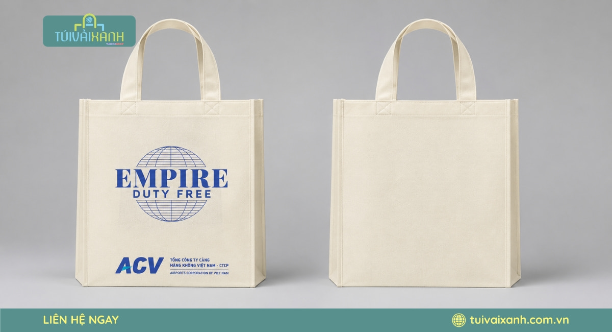 Hình ảnh mặt trước và mặt sau của túi vải không dệt Empire Duty Free được thiết kế đồng bộ với bộ nhận diện thương hiệu và tối ưu trải nghiệm sử dụng.