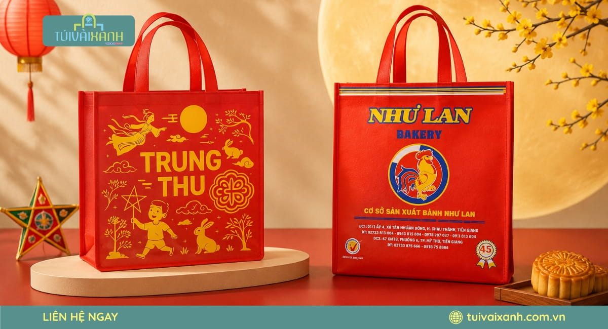 Sản xuất túi vải không dệt đựng bánh trung thu số lượng lớn với chất lượng đồng đều, đáp ứng các đơn hàng mùa Trung Thu.
