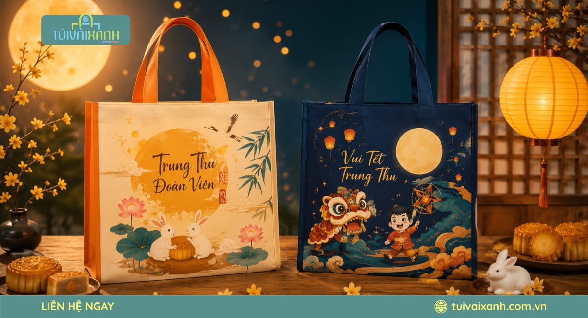 Túi vải không dệt đựng bánh trung thu mang phong cách sang trọng, phù hợp làm túi đựng hộp quà biếu khách hàng và đối tác.