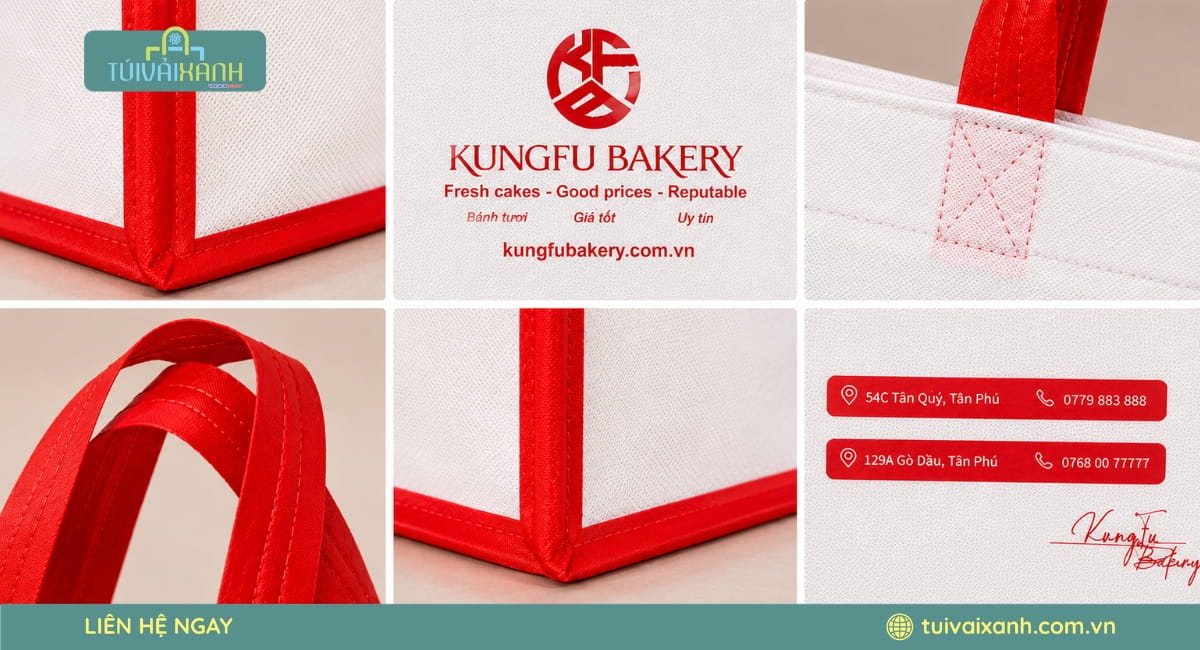 Cận cảnh mẫu túi vải không dệt in logo KUNGFU BAKERY với đường may tinh tế, chất liệu bền đẹp và thiết kế chuyên nghiệp.