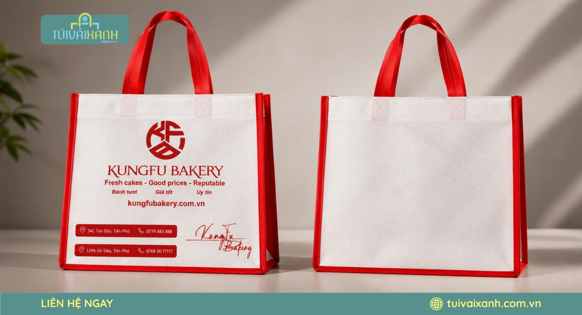 Hình ảnh mặt trước và mặt sau của túi vải không dệt KUNGFU BAKERY được thiết kế đồng bộ theo bộ nhận diện thương hiệu.
