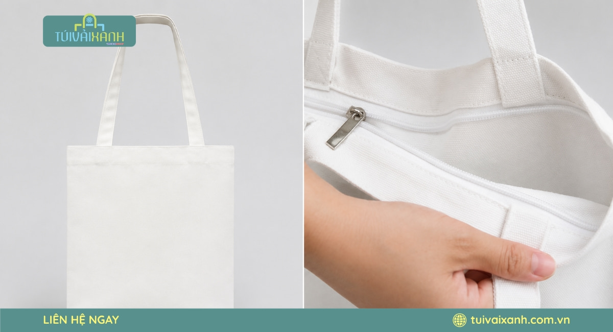 Túi vải bố canvas có khóa kéo giúp bảo quản sản phẩm và vật dụng bên trong thuận tiện hơn