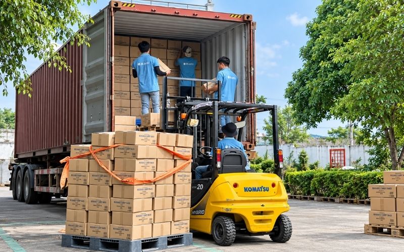 Bộ phận kho vận tại xưởng Túi Vải Xanh