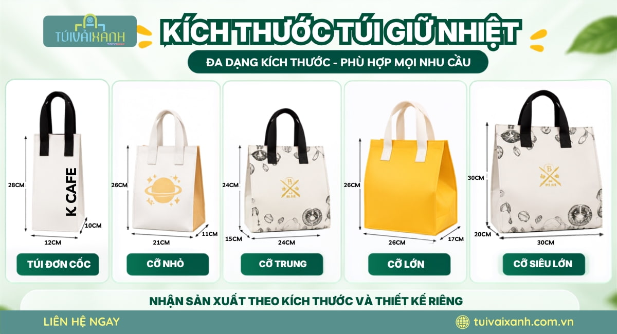 Kích thước thông dụng của túi giữ nhiệt