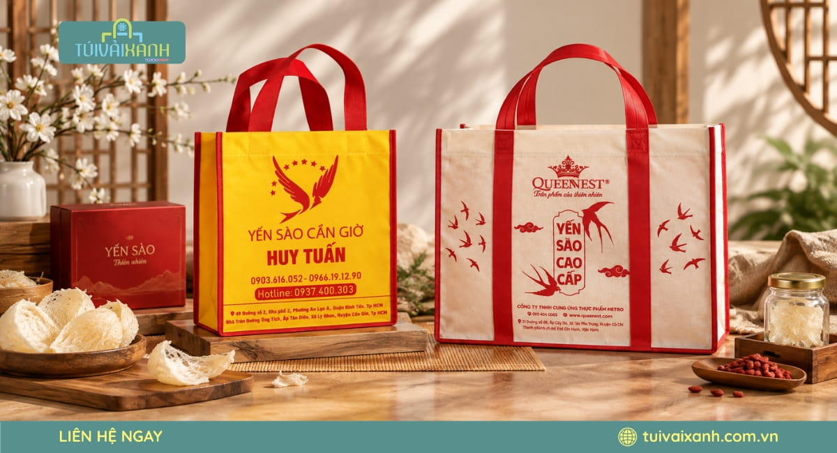 Túi vải đựng yến sào in ấn sắc nét, phù hợp làm bao bì quà tặng thương hiệu