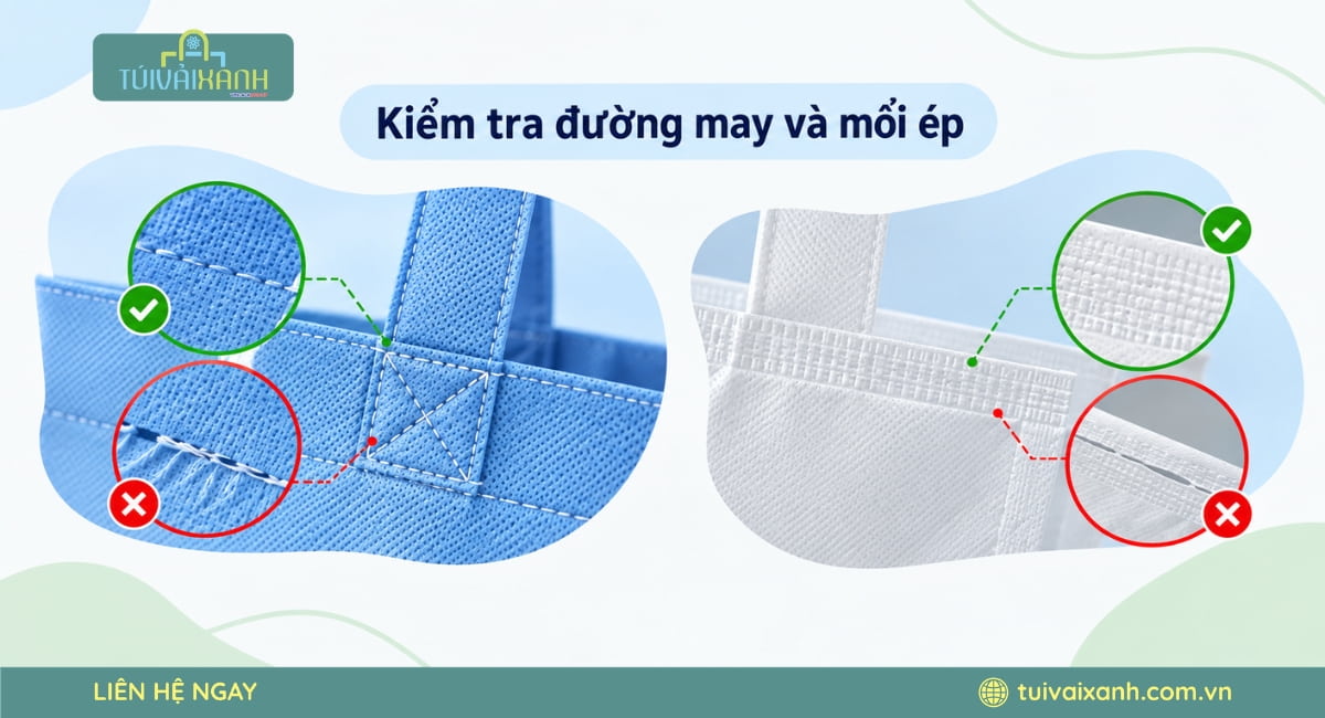 Kiểm tra đường may và mối ép túi vải không dệt