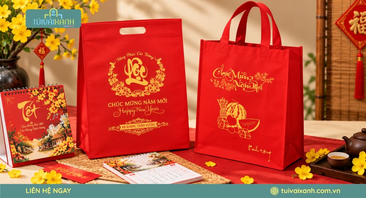 Túi đựng lịch Tết bằng vải canvas và vải không dệt, phù hợp nhiều phong cách thiết kế quà tặng doanh nghiệp.