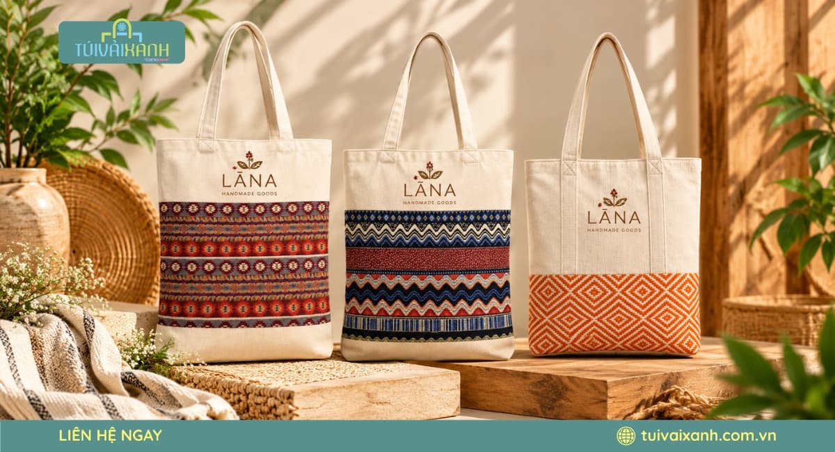 Túi quà tặng thổ cẩm in logo doanh nghiệp, phù hợp các chương trình tri ân khách hàng và quảng bá thương hiệu.