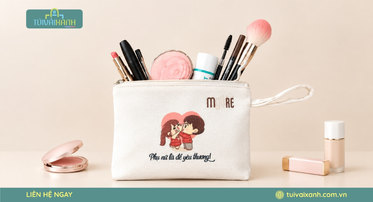 Túi canvas đựng mỹ phẩm có khóa kéo tiện lợi, hạn chế rơi đồ trang điểm khi di chuyển.
