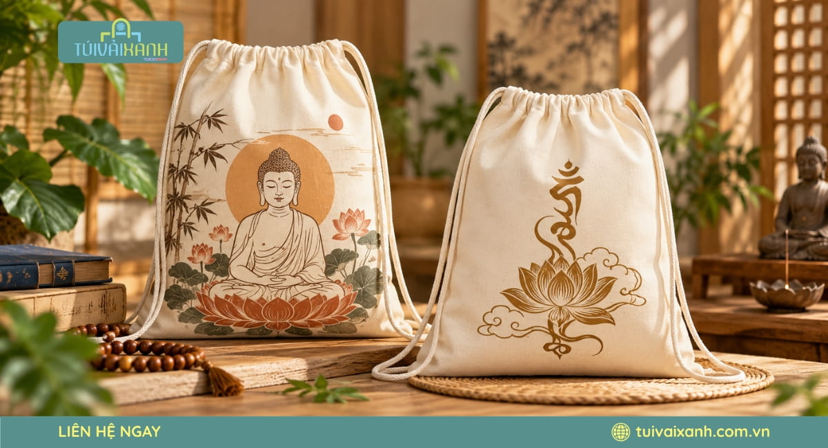 Túi vải dây rút đi chùa thiết kế gọn nhẹ, đường may chắc chắn và thuận tiện đóng mở.