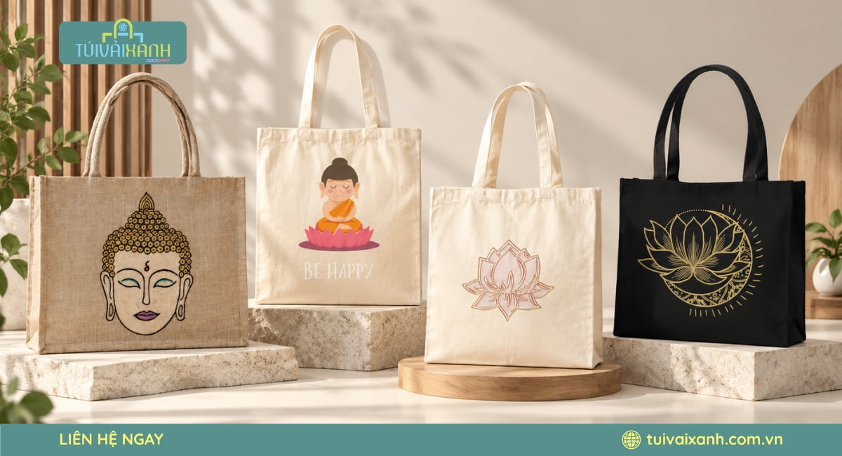 Túi vải đi chùa được sử dụng trong các khóa tu, lễ Phật Đản, Vu Lan và hoạt động thiện nguyện.