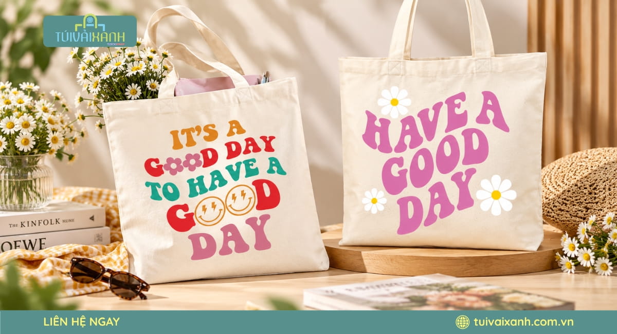 Mẫu túi vải đi làm in slogan và họa tiết dễ thương, tạo điểm nhấn trẻ trung cho phong cách công sở.