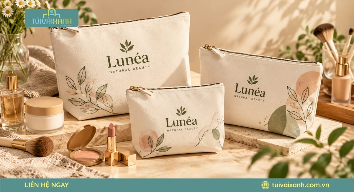 Túi vải đựng mỹ phẩm in logo thương hiệu, phù hợp làm quà tặng cho khách hàng và các chương trình quảng bá.