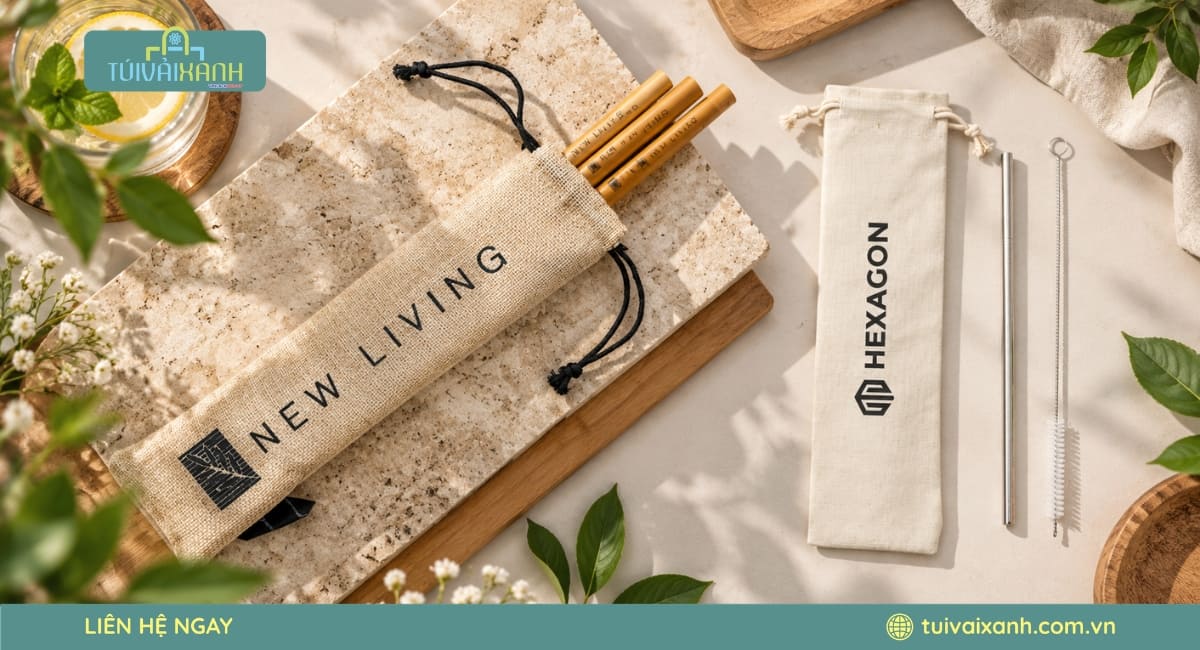 Túi đựng ống hút bằng vải canvas hoặc linen, thiết kế tiện lợi, phù hợp mang theo khi đi học, đi làm và du lịch.