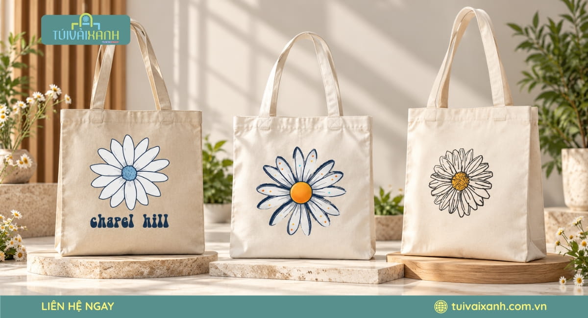 Túi vải hoa cúc thiết kế riêng theo yêu cầu, phù hợp làm quà tặng thương hiệu và sản phẩm kinh doanh.