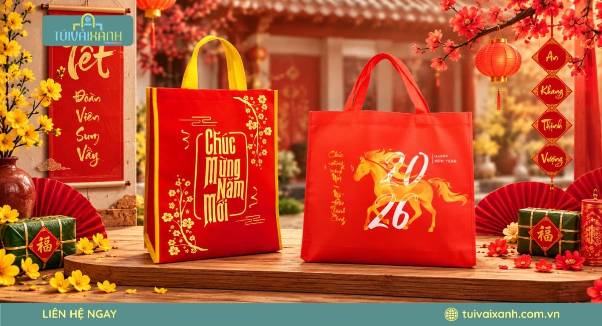 Túi vải không dệt chúc mừng năm mới in ấn sắc nét