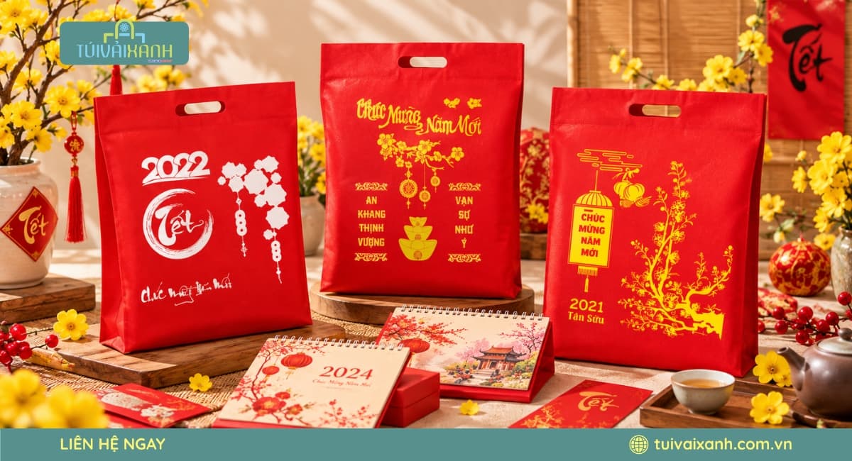 Túi vải không dệt quai hột xoài đựng lịch Tết thiết kế gọn nhẹ